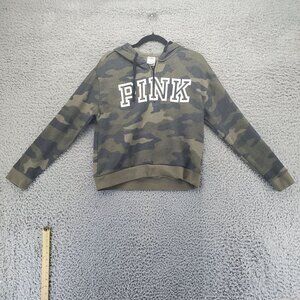 PINK Sweater Womens Small Green Camo Graphic Logo Pullover Hoodie Long Sleeve